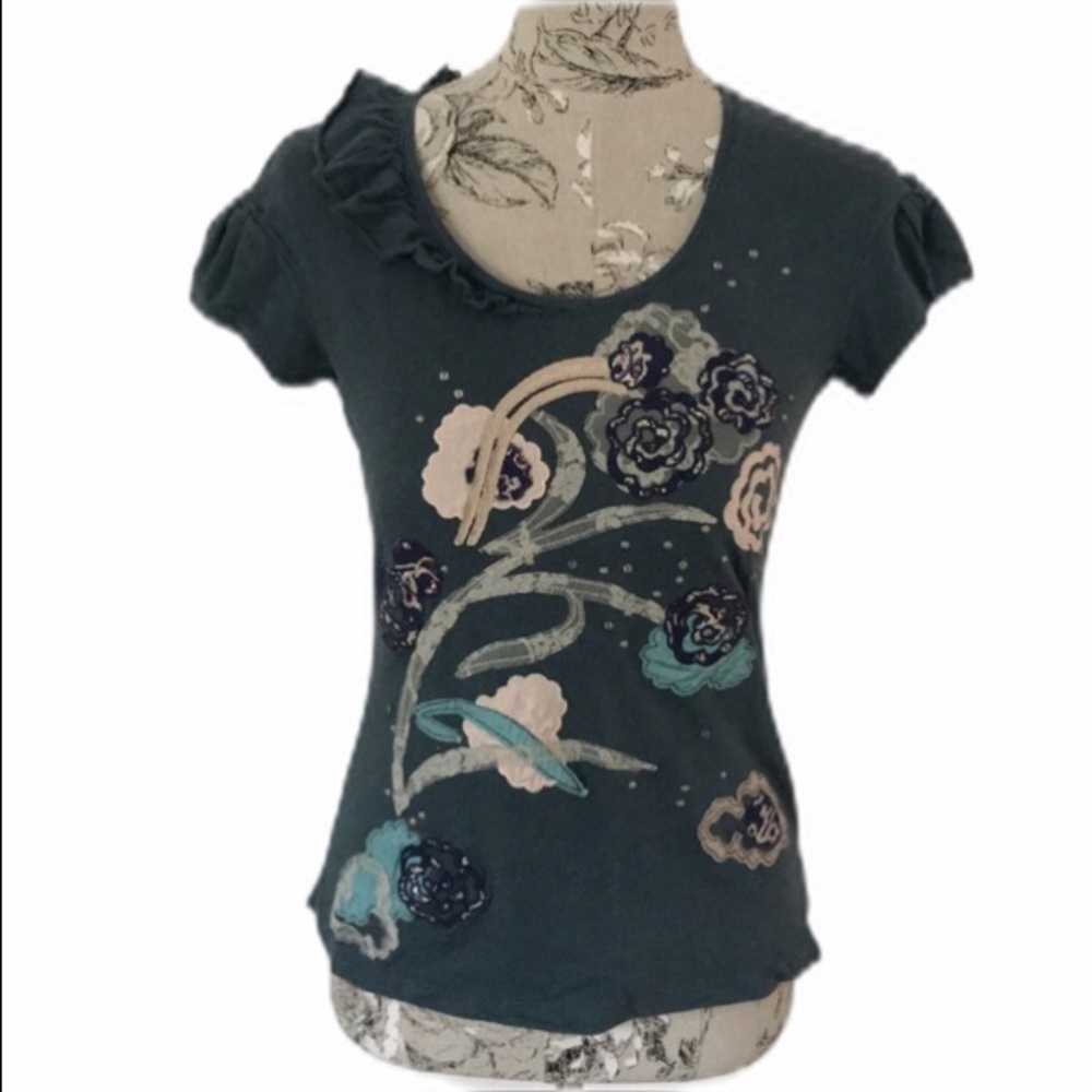 *ANTHROPOLOGIE Ric Rac Teal Embellished Top…